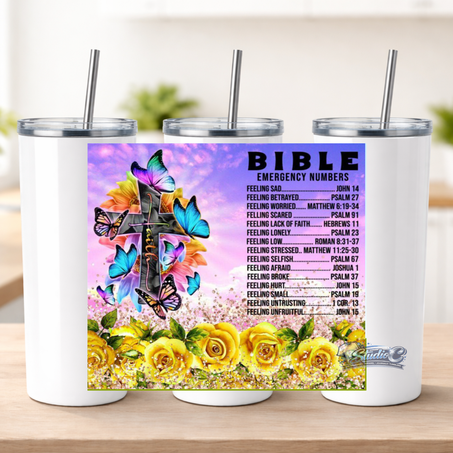Bible Emergency Numbers 20oz UV DTF Tumbler Wraps – Ready to Apply